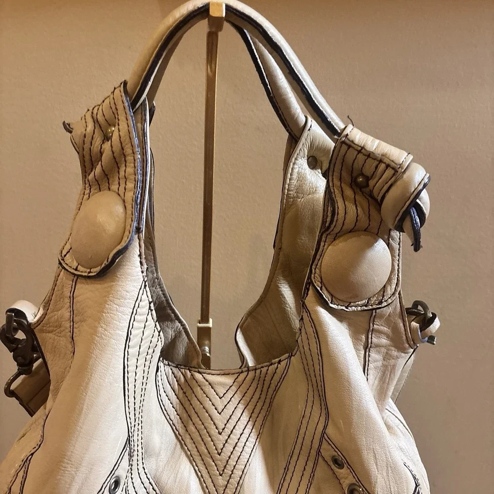 Betsey Johnson Vintage Leather Hobo Tote Bag Beige Studded Boho Shoulder Purse